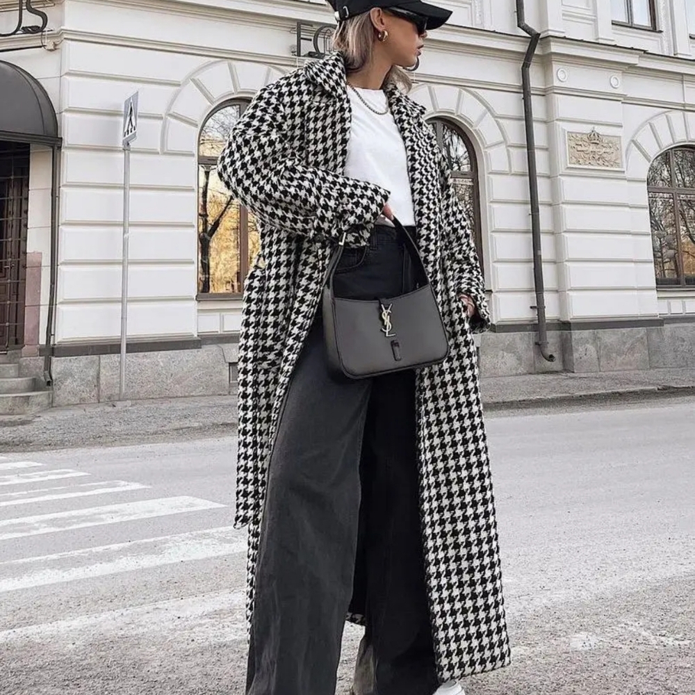 Loose Houndstooth Women Trench Coat Elegant Lapel High-end Fashion Office Jacket - Picture 4 of 12